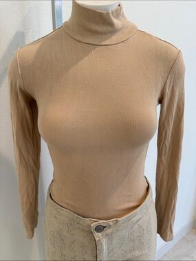 No Brand Women's Ribbed Turtleneck Long Sleeve Top - Camel Sz S